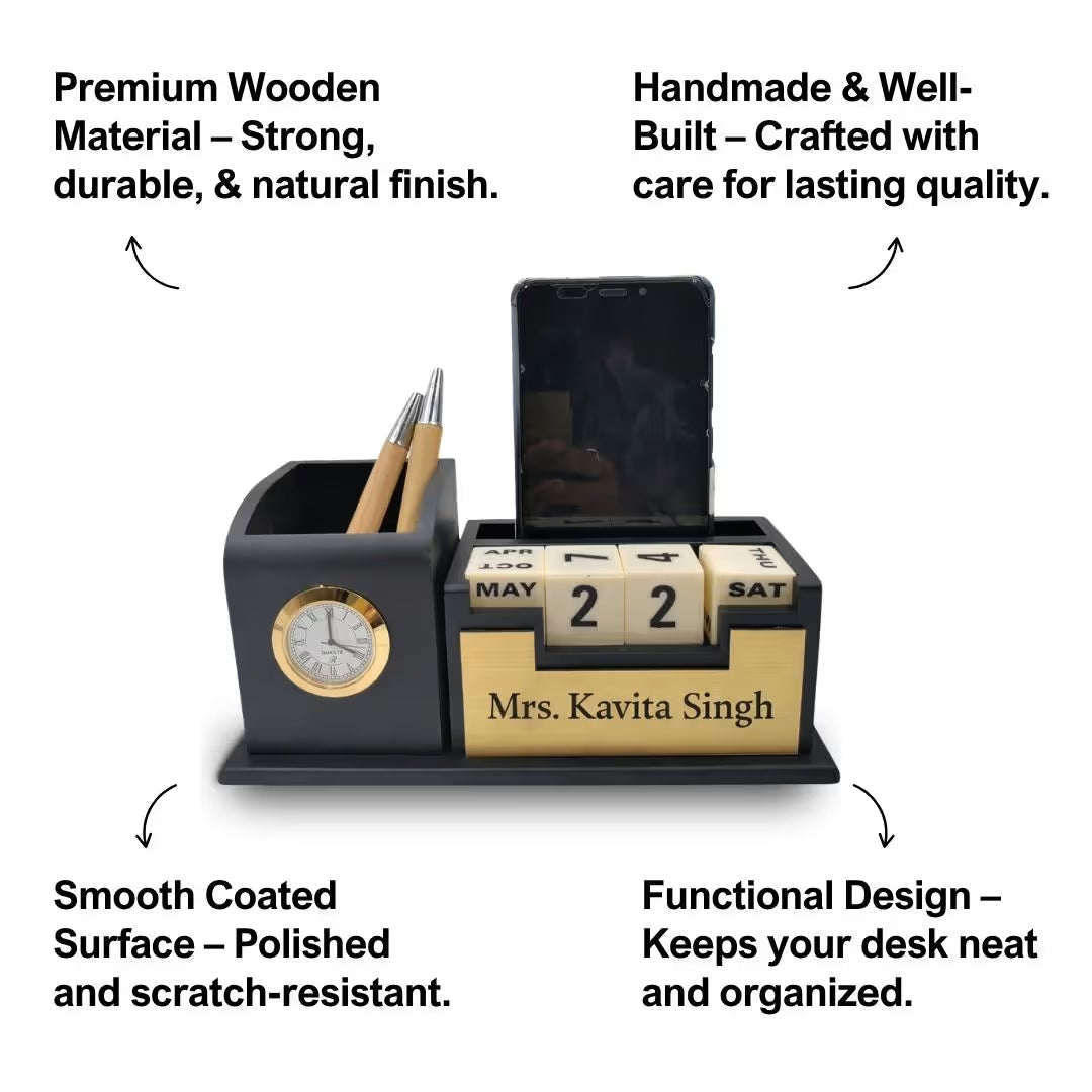 Personalized Black 2-Compartment MDF Pen Stand with Calendar
