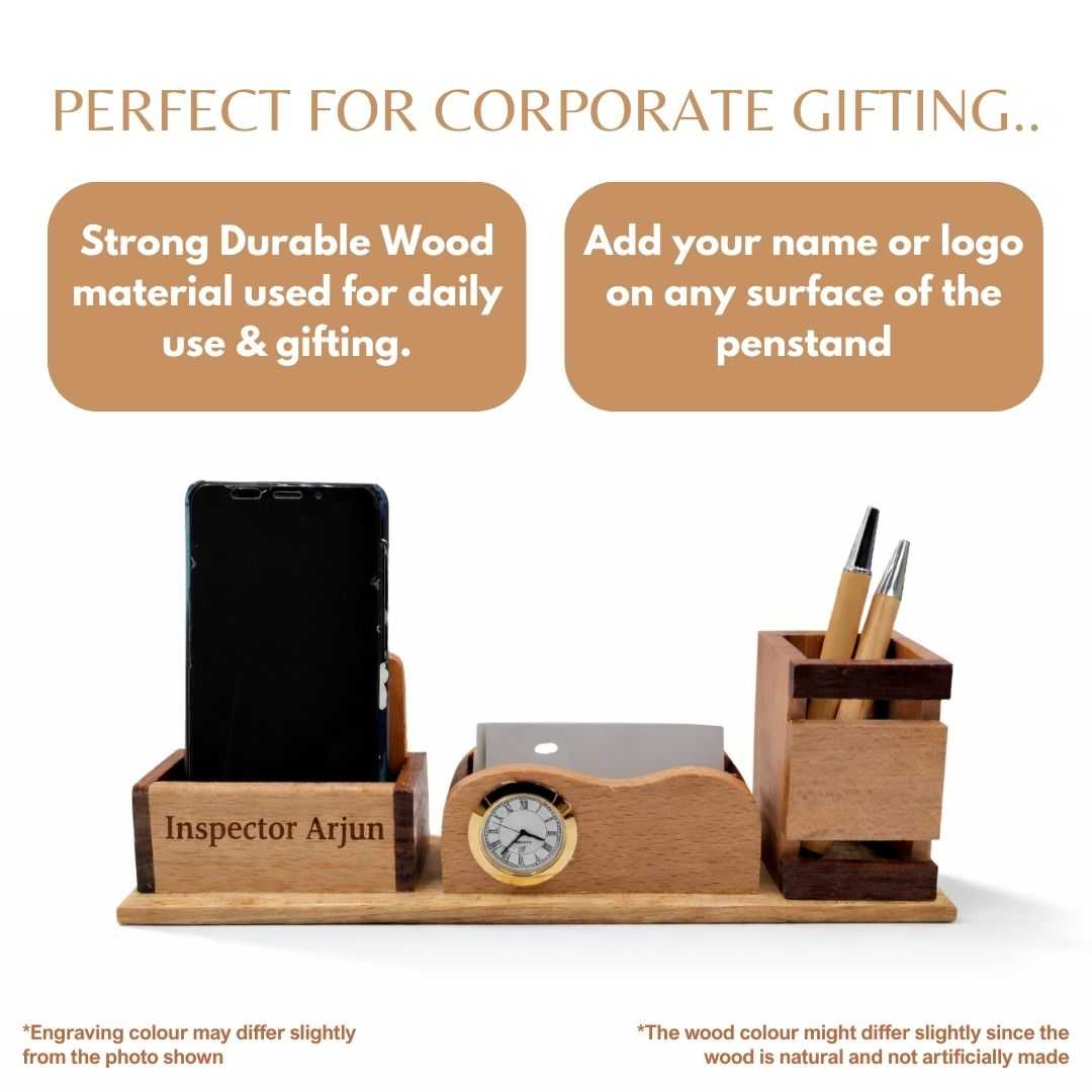 Personalized 3-in-1 Wooden Desk Station (Clock + Phone + Cards)