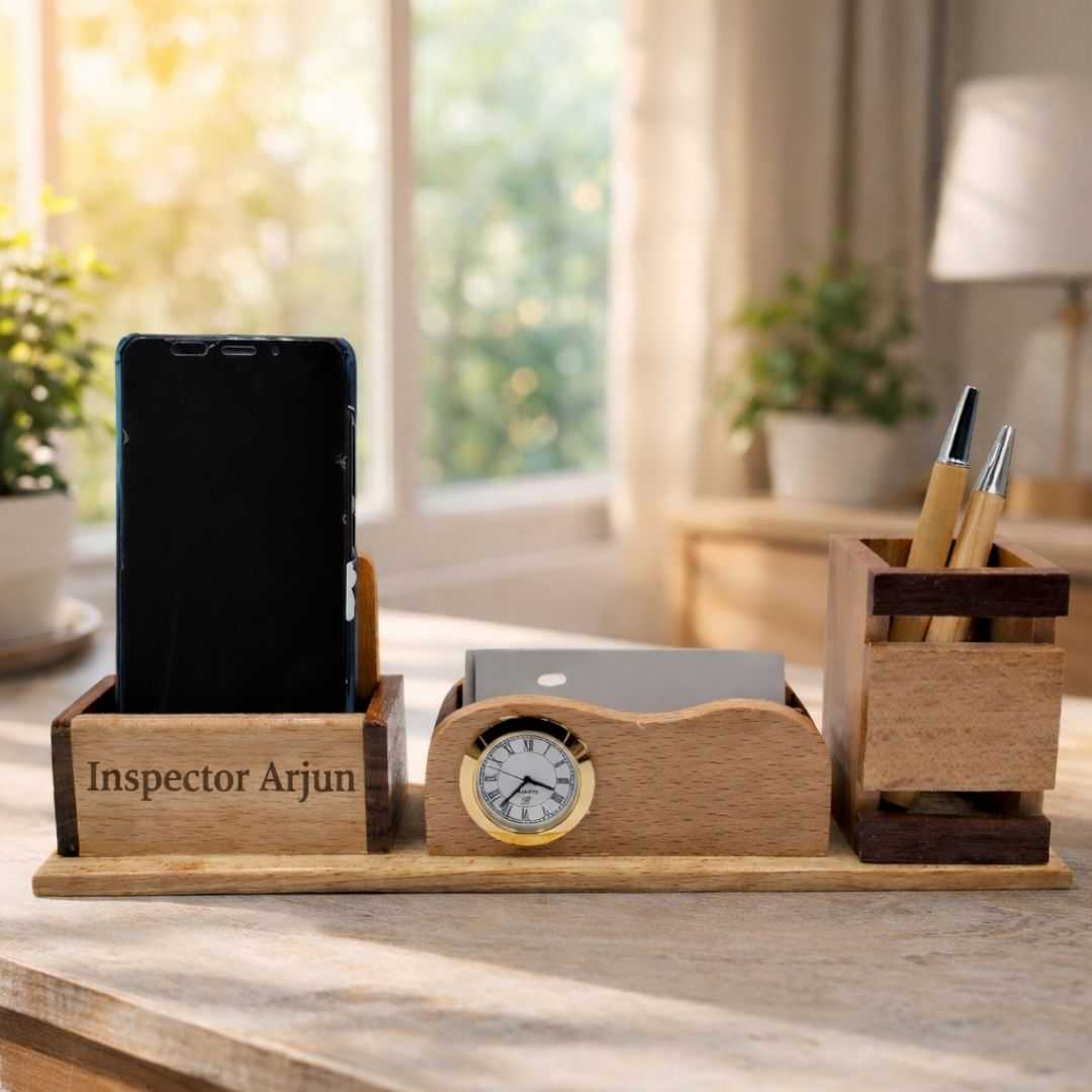 Personalized 3-in-1 Wooden Desk Station (Clock + Phone + Cards)
