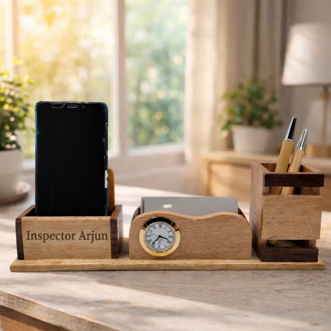 Personalized 3-in-1 Wooden Desk Organizer (Clock + Phone + Cards Holder)