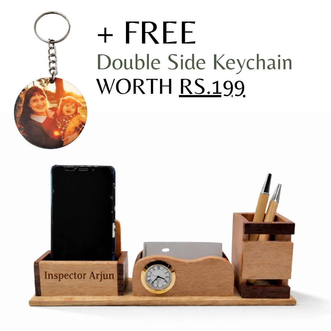 Personalized 3-in-1 Wooden Desk Station (Clock + Phone + Cards)