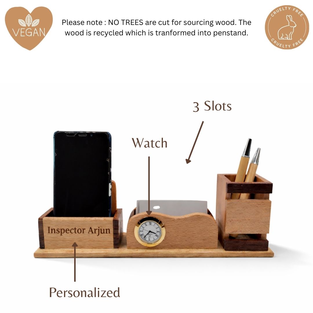 Personalized 3-in-1 Wooden Desk Station (Clock + Phone + Cards)