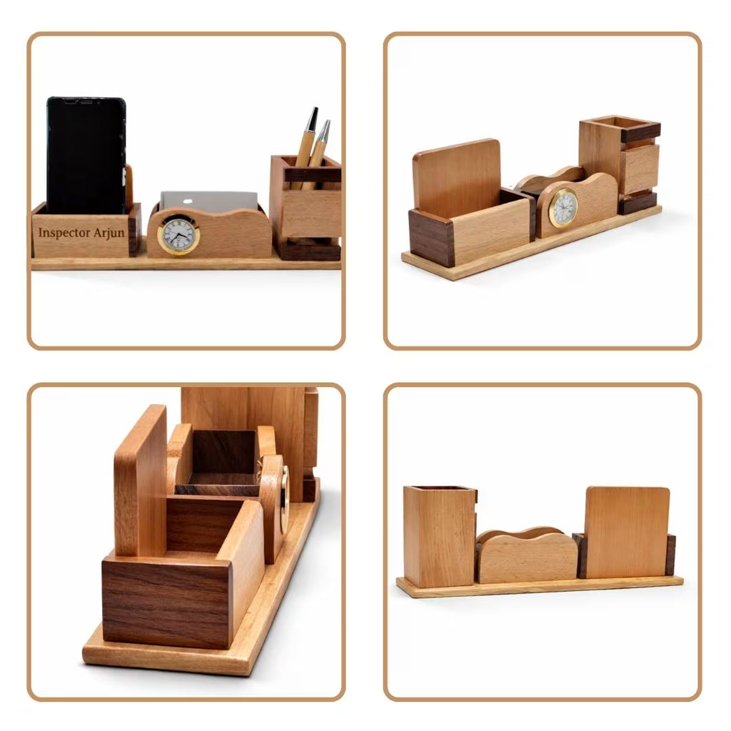 Personalized 3-in-1 Wooden Desk Organizer (Clock + Phone + Cards Holder)