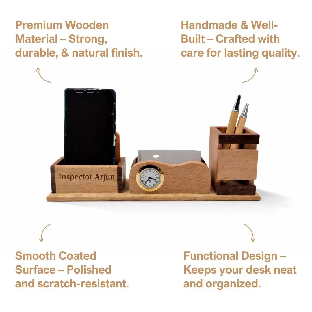 Personalized 3-in-1 Wooden Desk Organizer (Clock + Phone + Cards Holder)