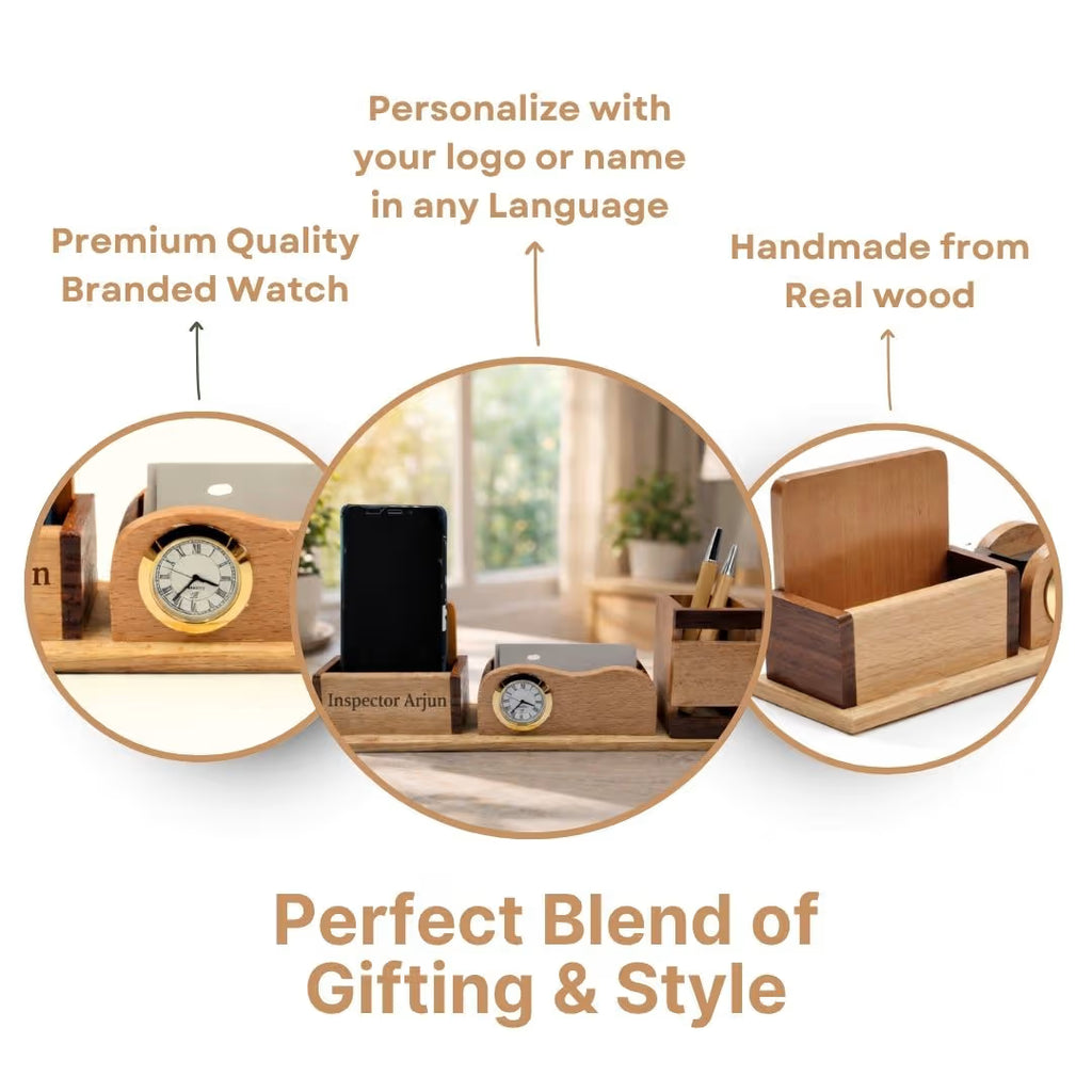 Personalized 3-in-1 Wooden Desk Organizer (Clock + Phone + Cards Holder)