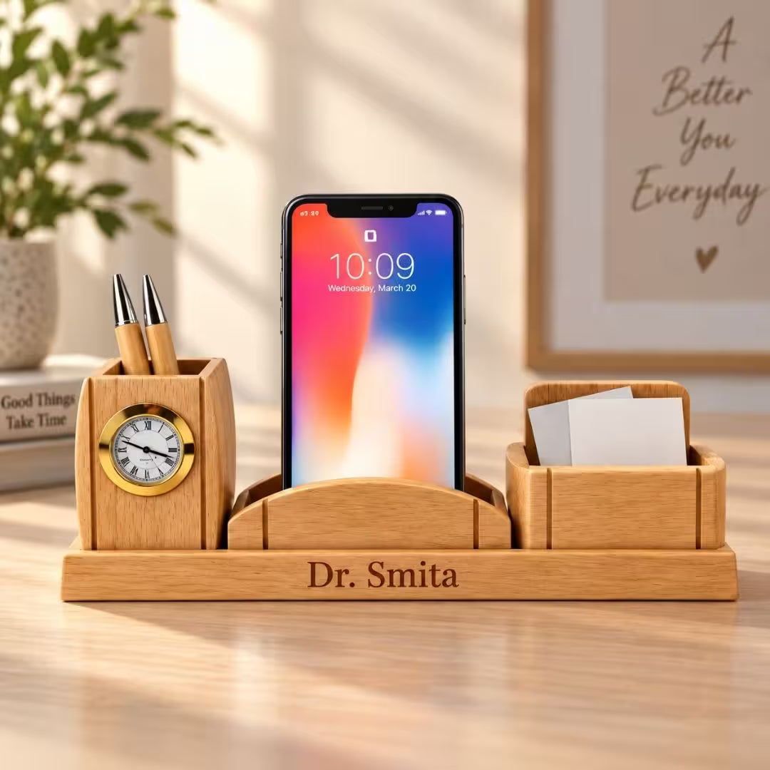 Personalized Wooden Clock & Mobile Pen Stand