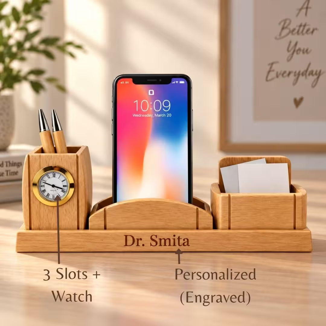 Personalized Wooden Clock & Mobile Pen Stand
