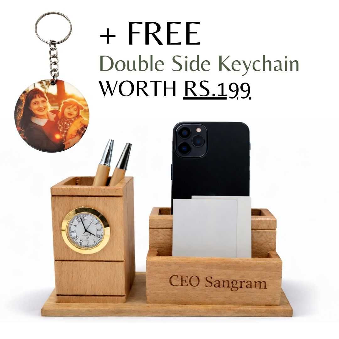 Personalized Wooden Pen Stand with 2 Compartments & 1 Card Holder