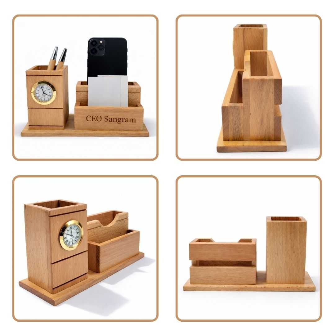 Personalized Wooden Pen Stand with 2 Compartments & 1 Card Holder