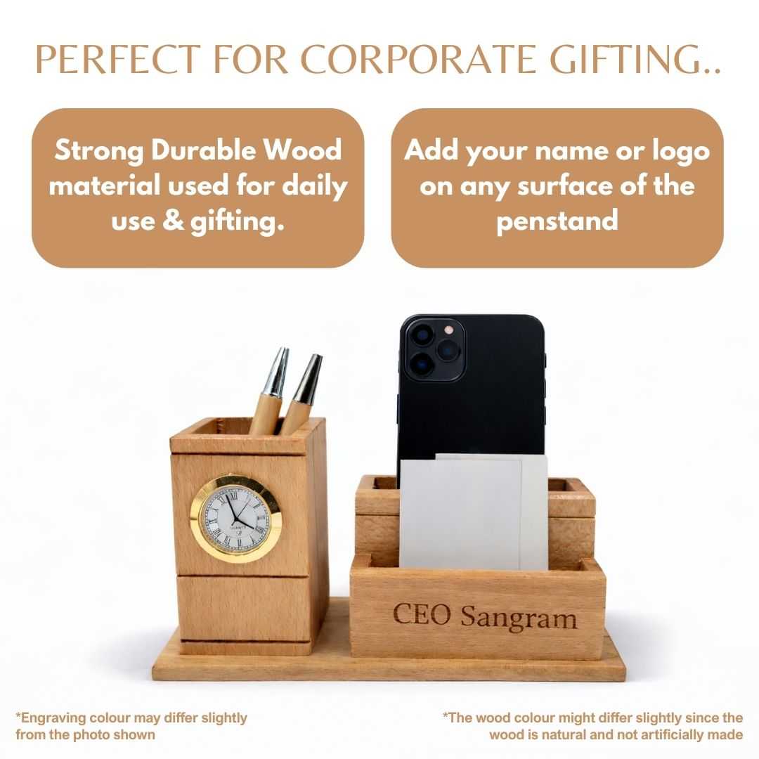 Personalized Wooden Pen Stand with 2 Compartments & 1 Card Holder