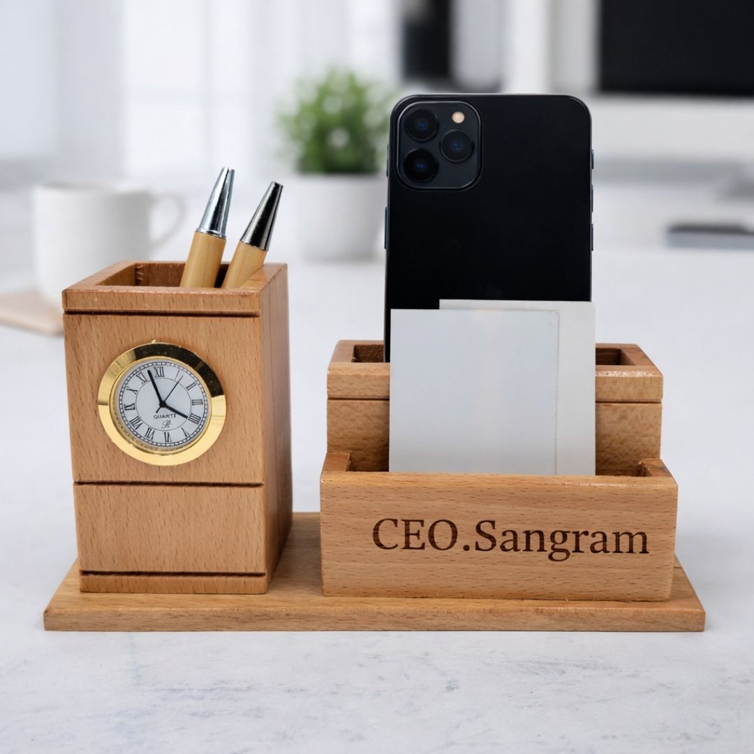 Personalized Wooden Pen Stand with 2 Compartments & 1 Card Holder
