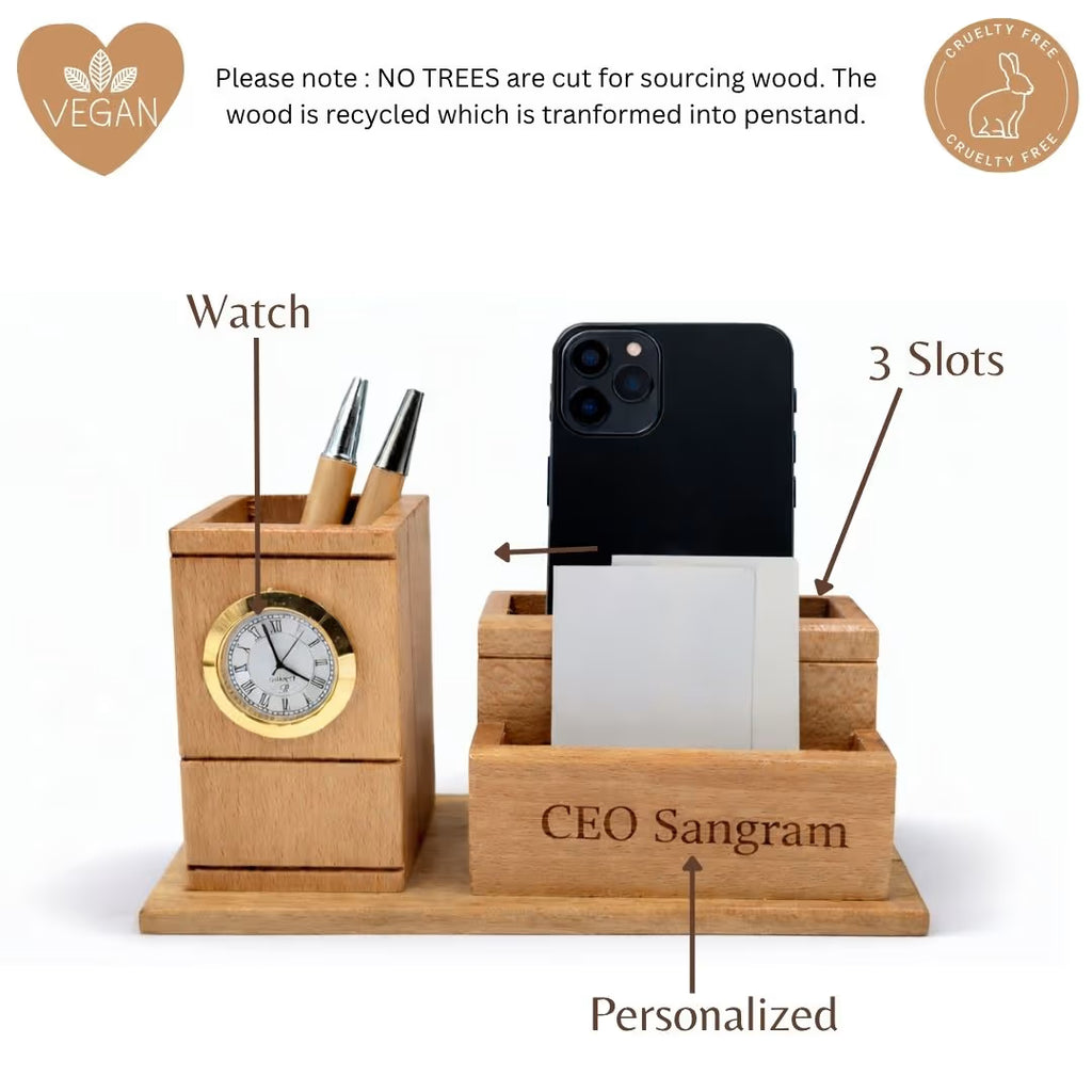 Personalized Wooden Pen Stand with 2 Compartments & 1 Card Holder