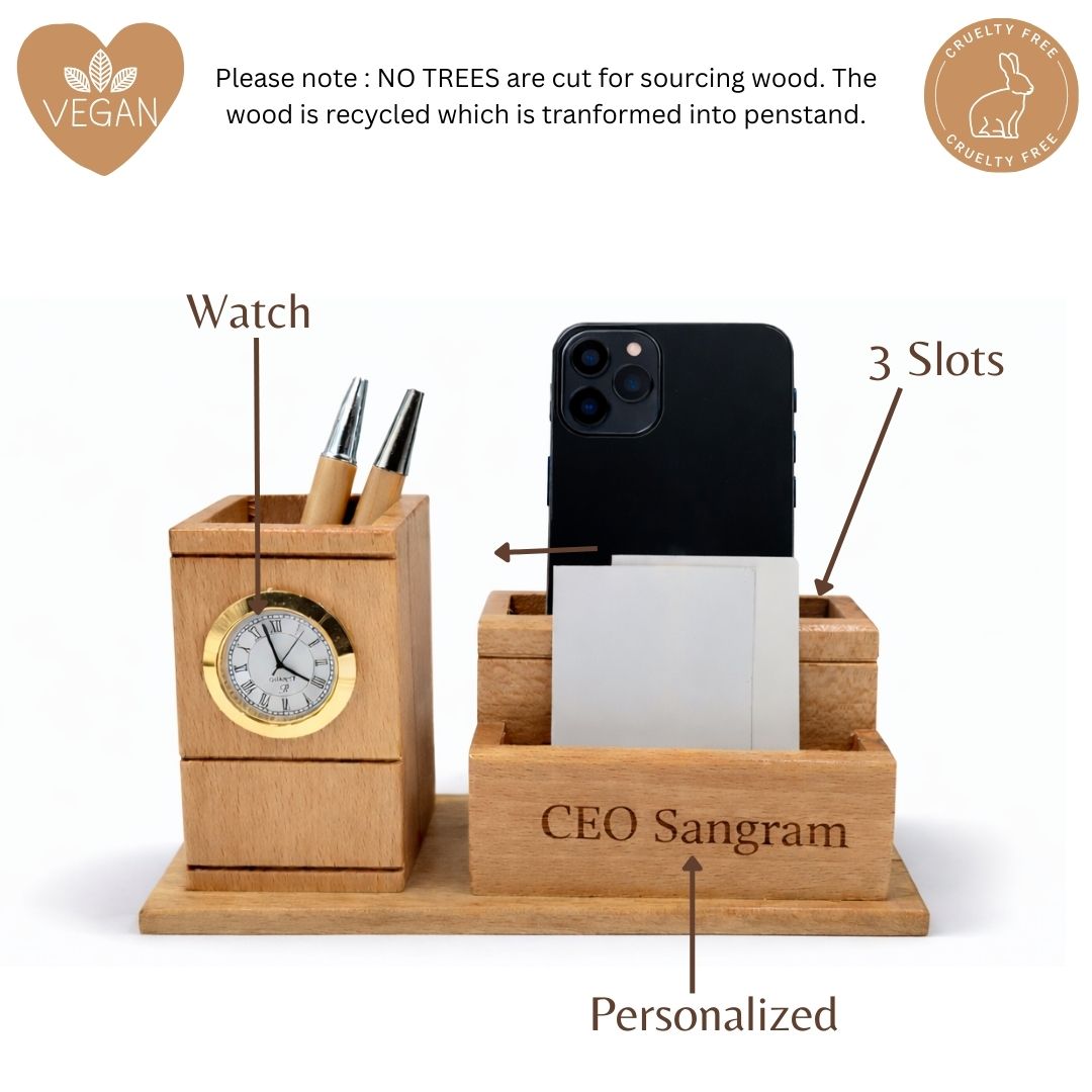 Personalized Wooden Pen Stand with 2 Compartments & 1 Card Holder