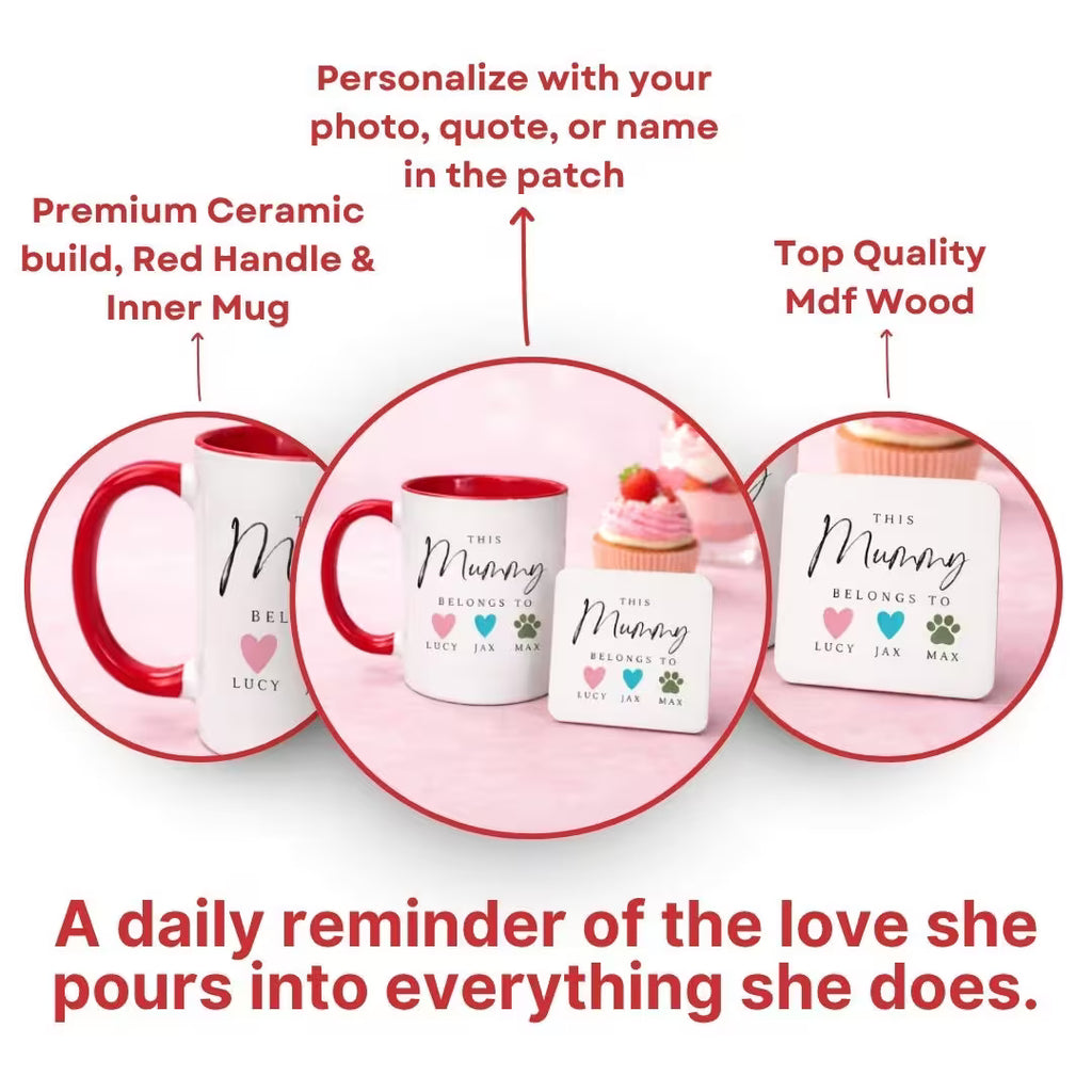Custom Ceramic Red Coffee Mug & MDF Coaster - Personalized for Mom