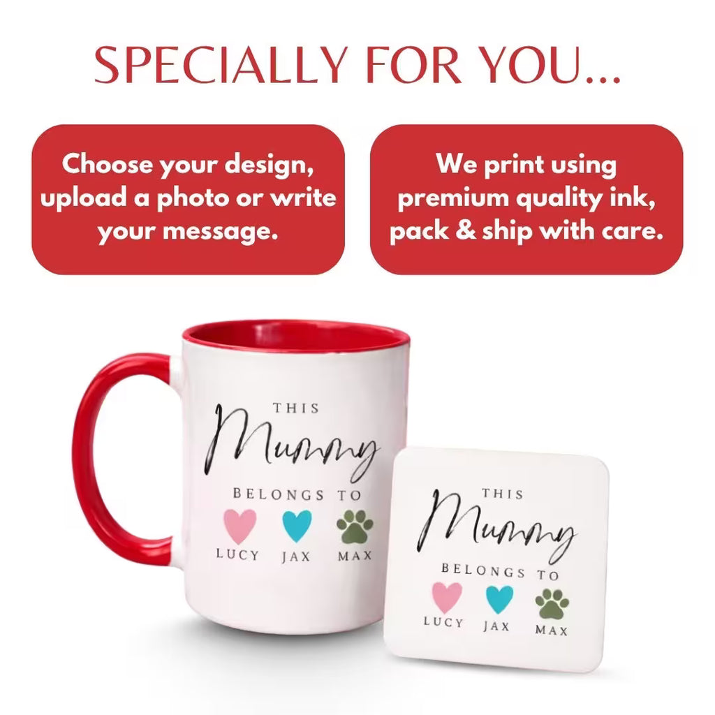 Custom Ceramic Red Coffee Mug & MDF Coaster - Personalized for Mom