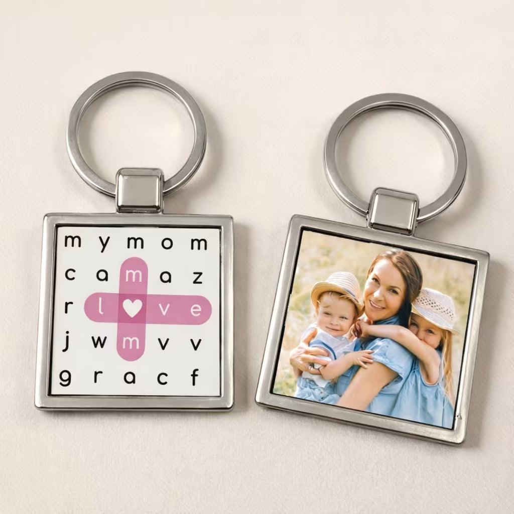Crossword Puzzle & Photo Metal Keychain for Mom