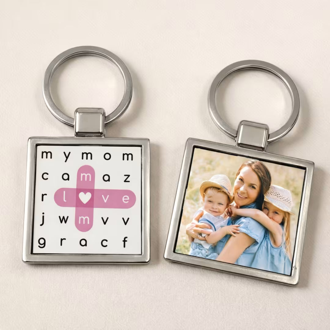 Crossword Puzzle & Photo Metal Keychain for Mom