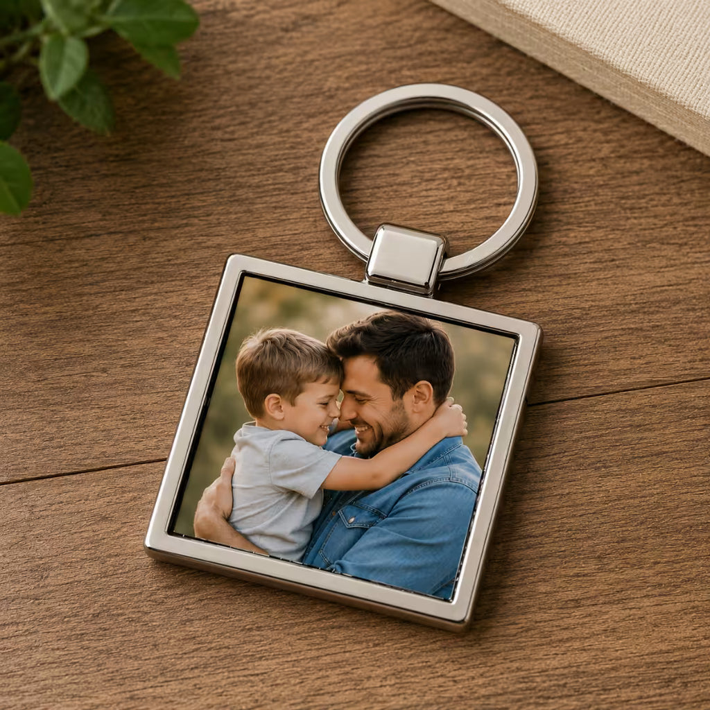 Custom Name & Photo Square Metal Keychain for Dad
