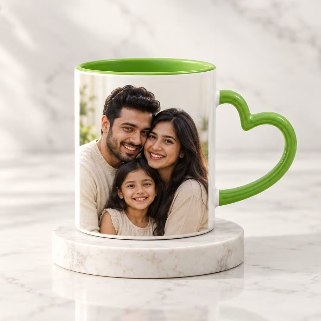 Light Green Heart Handle Ceramic Photo Mug