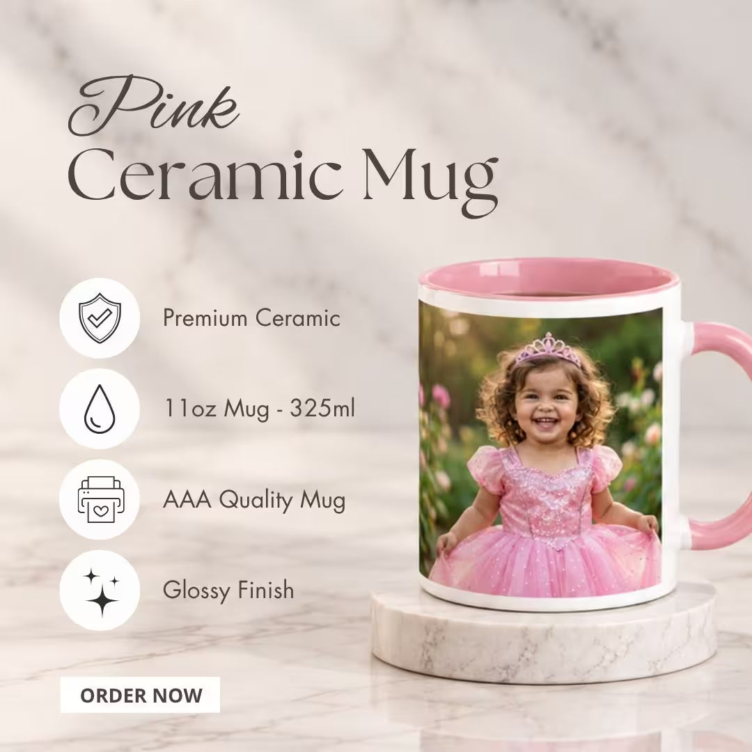 Customized 11oz Pink Handle Photo Mug