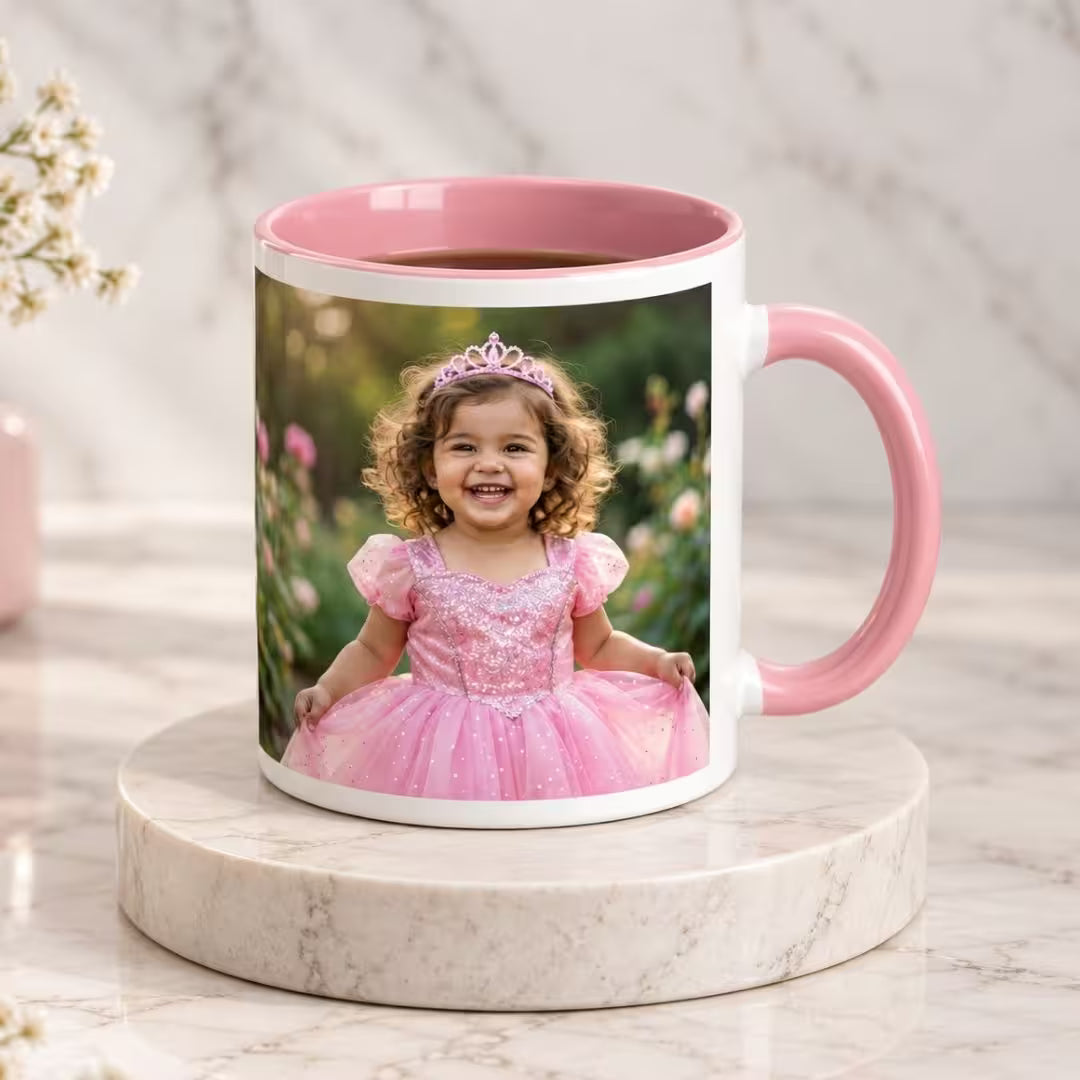 Customized 11oz Pink Handle Photo Mug
