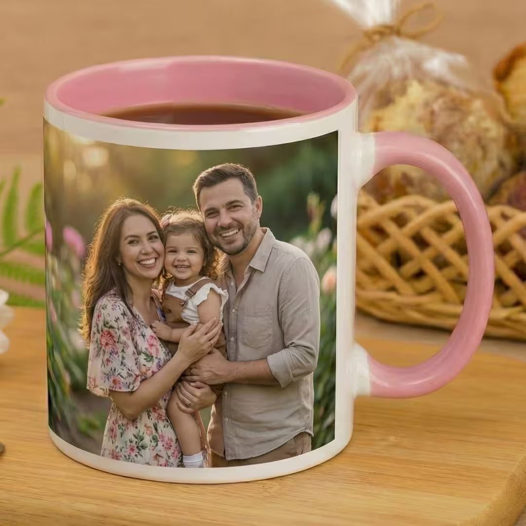 Customized 11oz Pink Handle Photo Mug