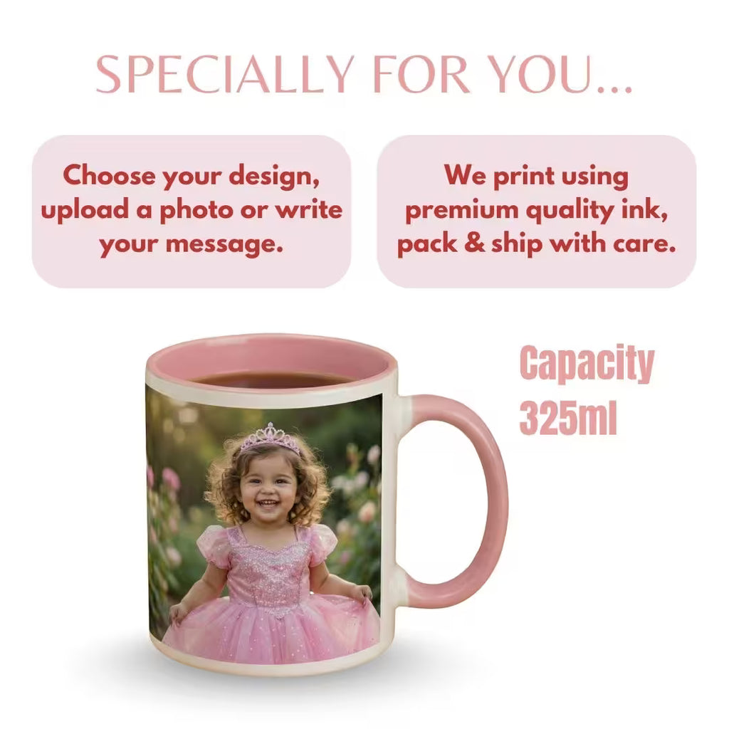 Customized 11oz Pink Handle Photo Mug