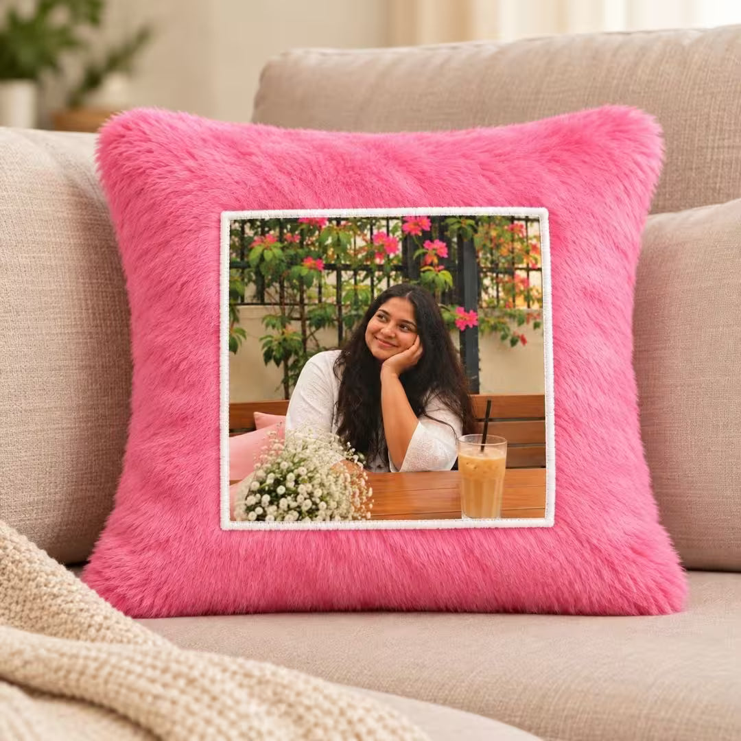 Pink Square Customized Furr Photo Pillow
