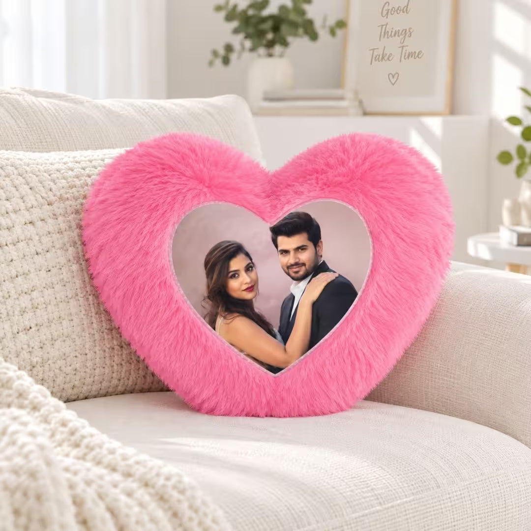 Pink Heart Customized Furr Photo Pillow