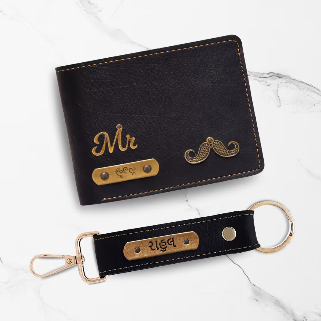 Customized Vegan Leather Simple Wallet & Keychain Set for Dad