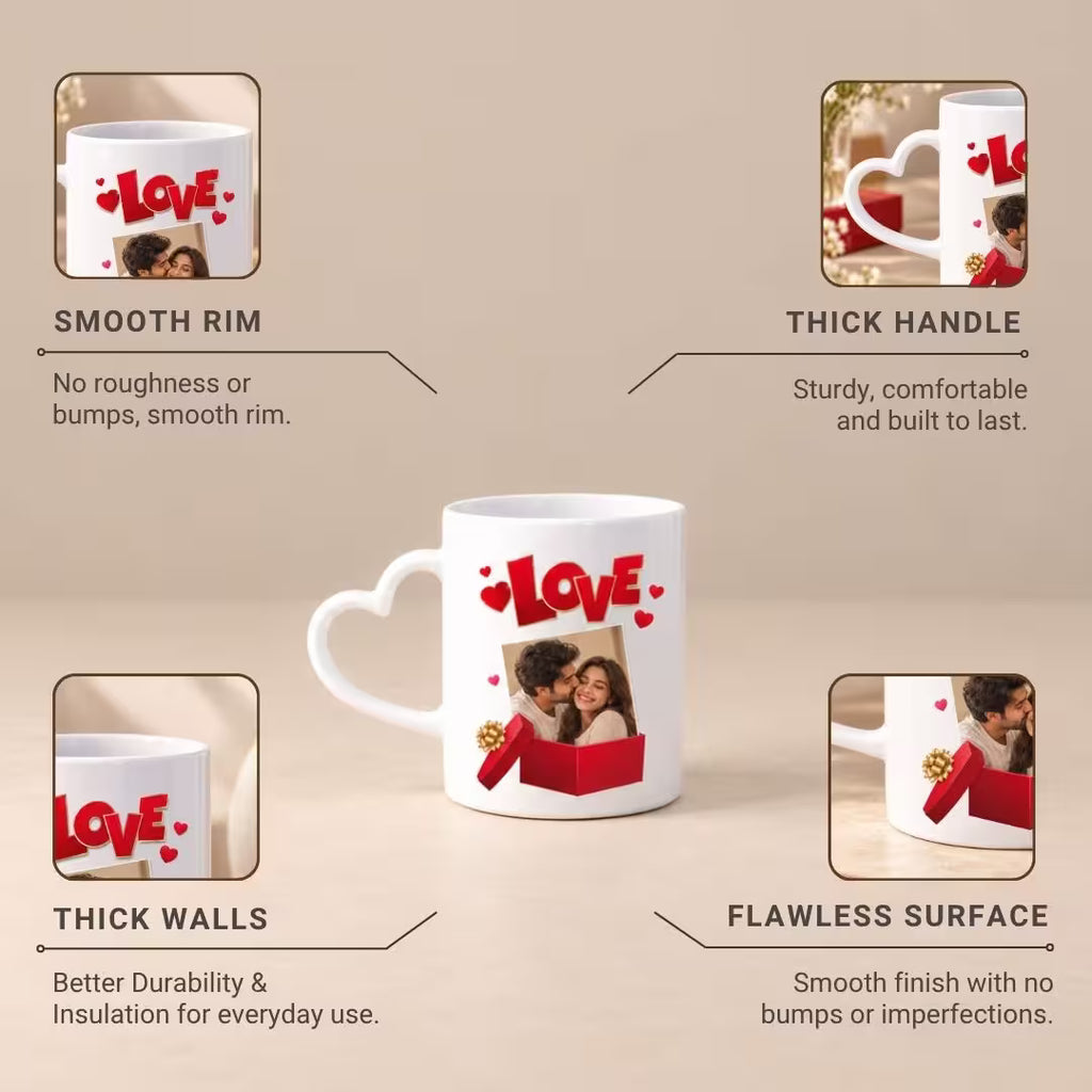Customized White Heart Handle Ceramic Photo Mug