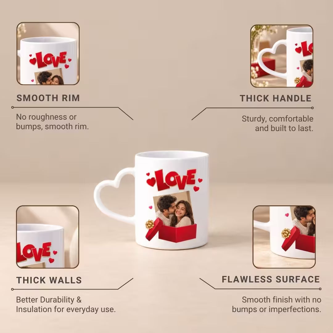 Customized White Heart Handle Ceramic Photo Mug