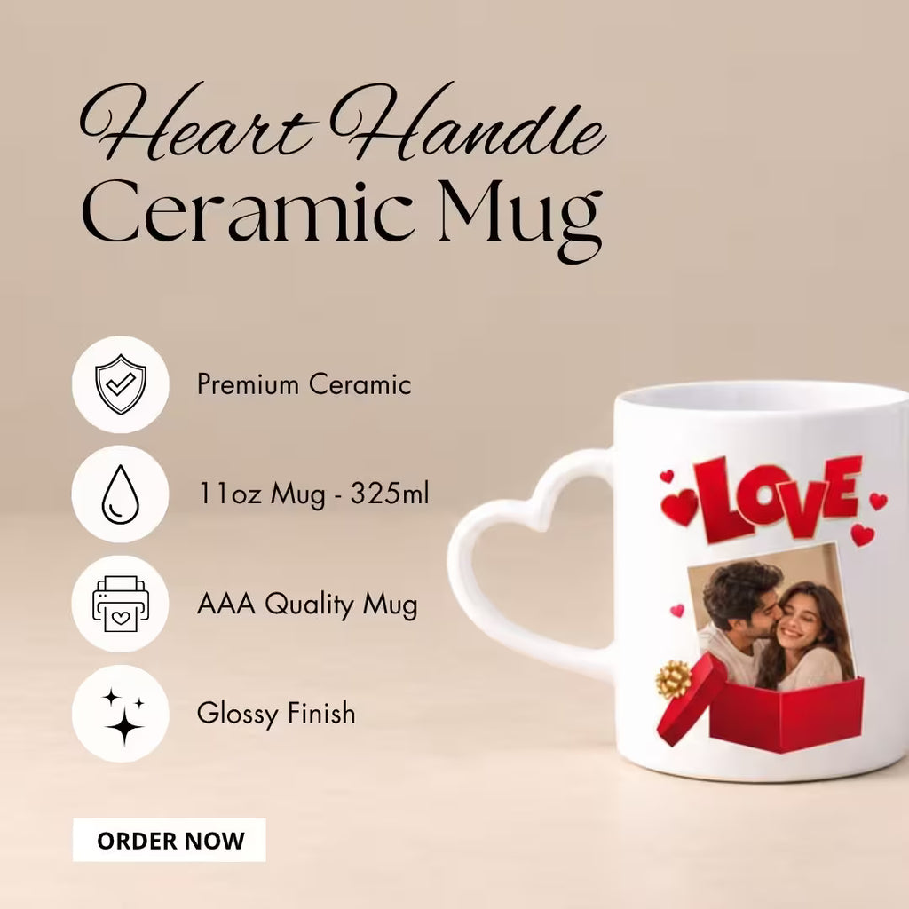 Customized White Heart Handle Ceramic Photo Mug