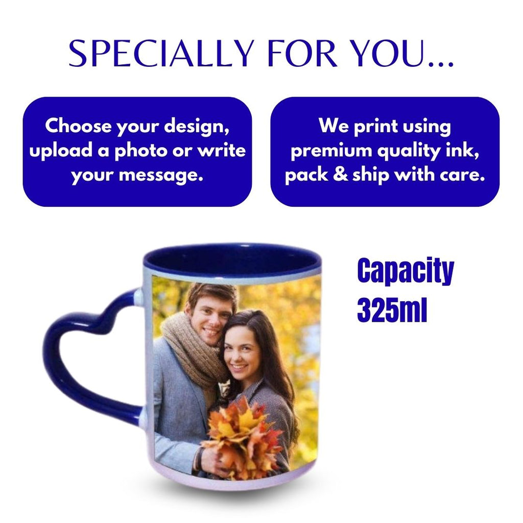 Dark Blue Heart Handle Ceramic Photo Mug