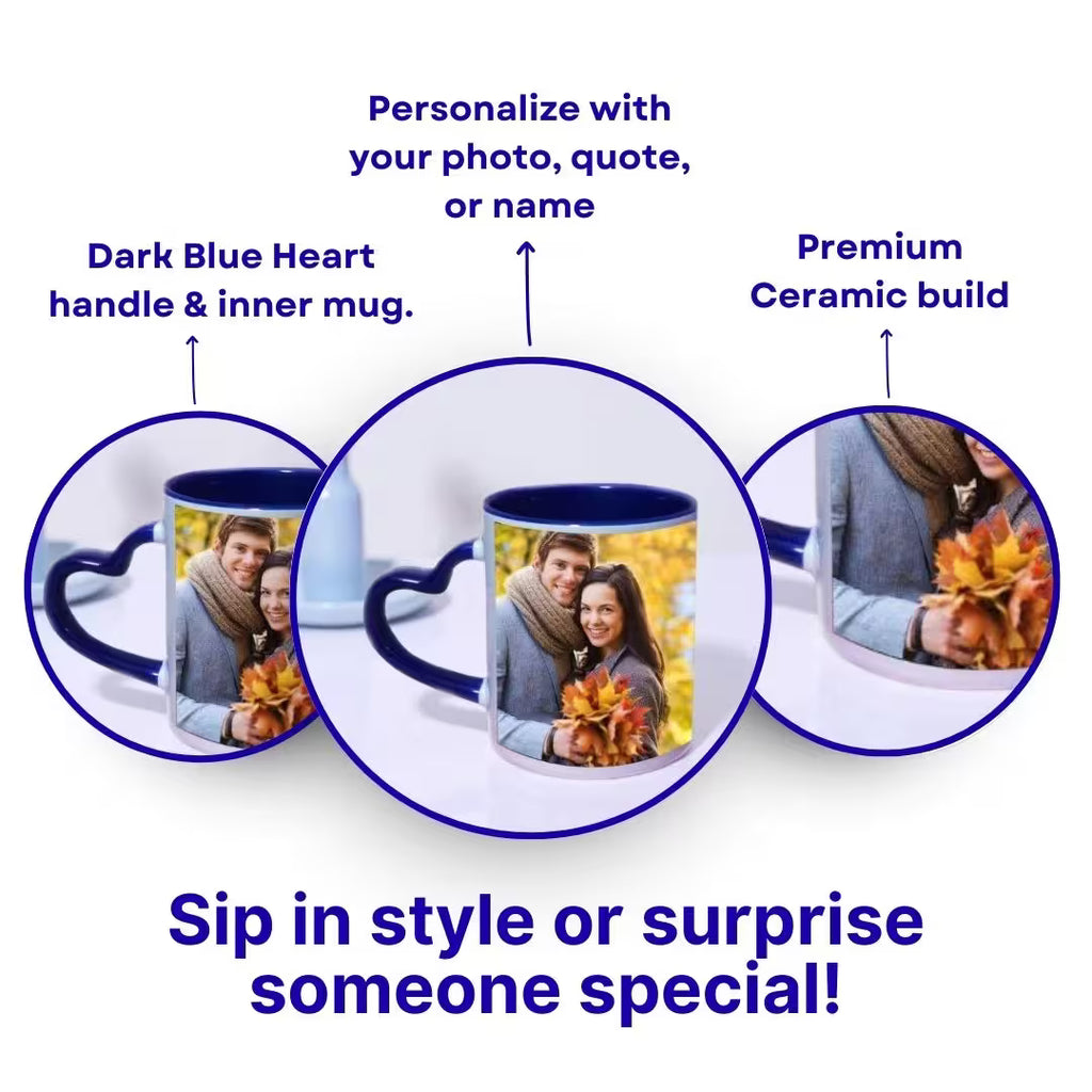 Dark Blue Heart Handle Ceramic Photo Mug