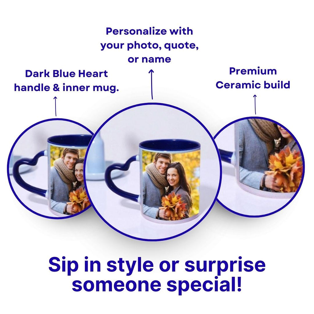 Dark Blue Heart Handle Ceramic Photo Mug