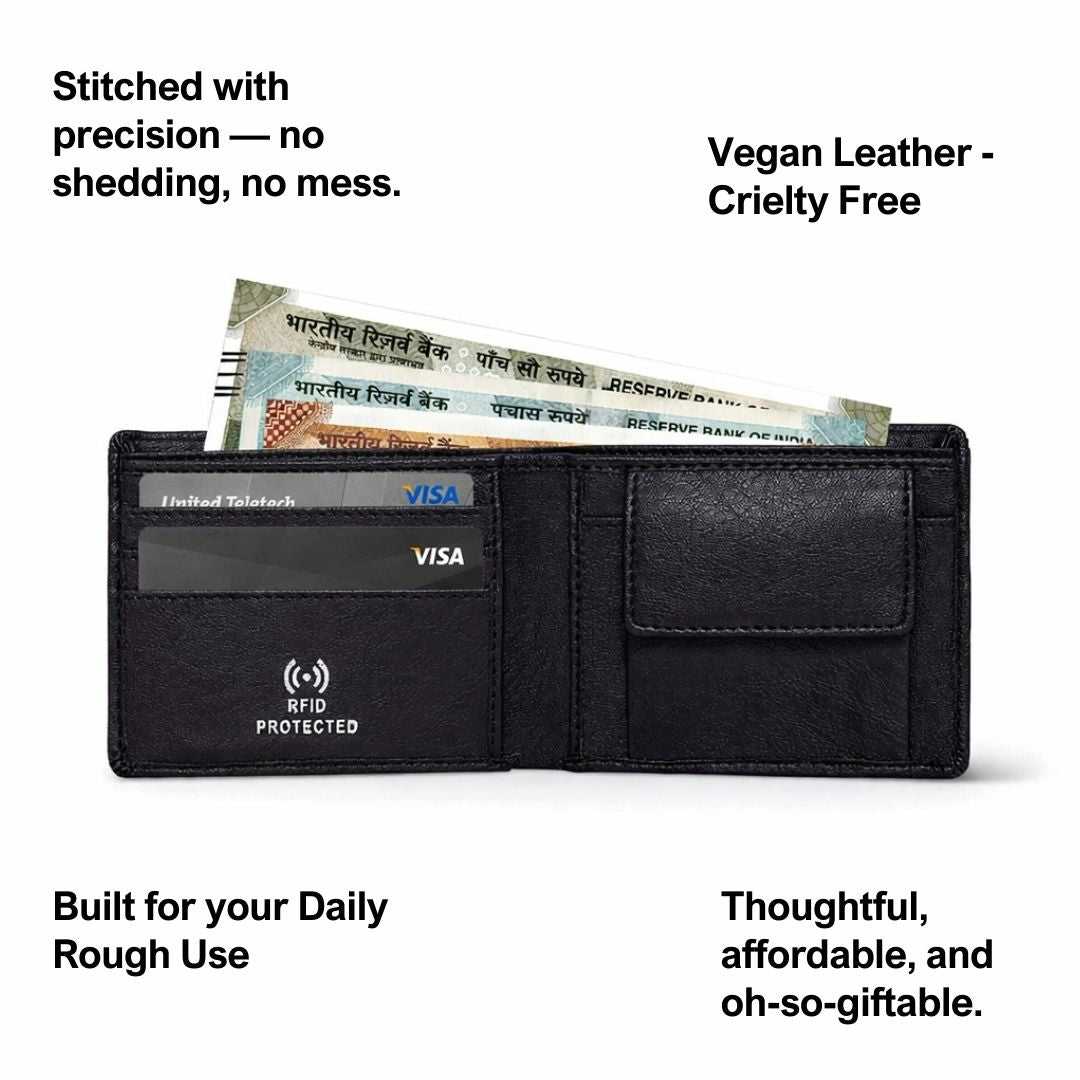 Personalized RFID Protected Vegan Leather Coin Pocket Wallet - Black