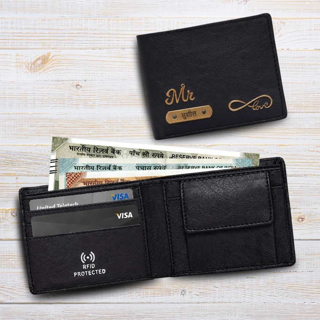 Personalized RFID Protected Vegan Leather Coin Pocket Wallet - Black
