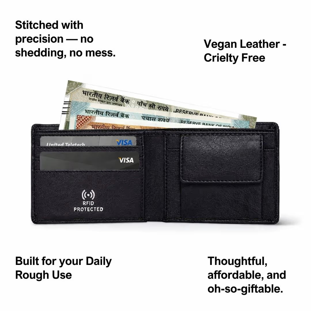 Personalized RFID Protected Vegan Leather Coin Pocket Wallet - Black