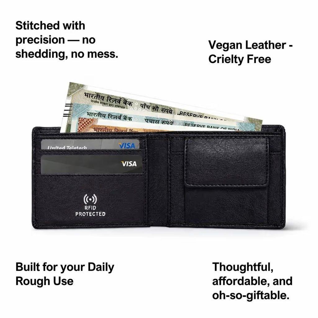 Personalized RFID Protected Vegan Leather Coin Pocket Wallet - Black