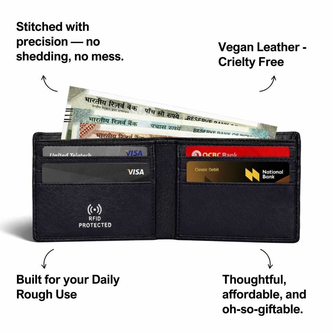 Personalized RFID Protected Vegan Leather for Men Wallet - Black