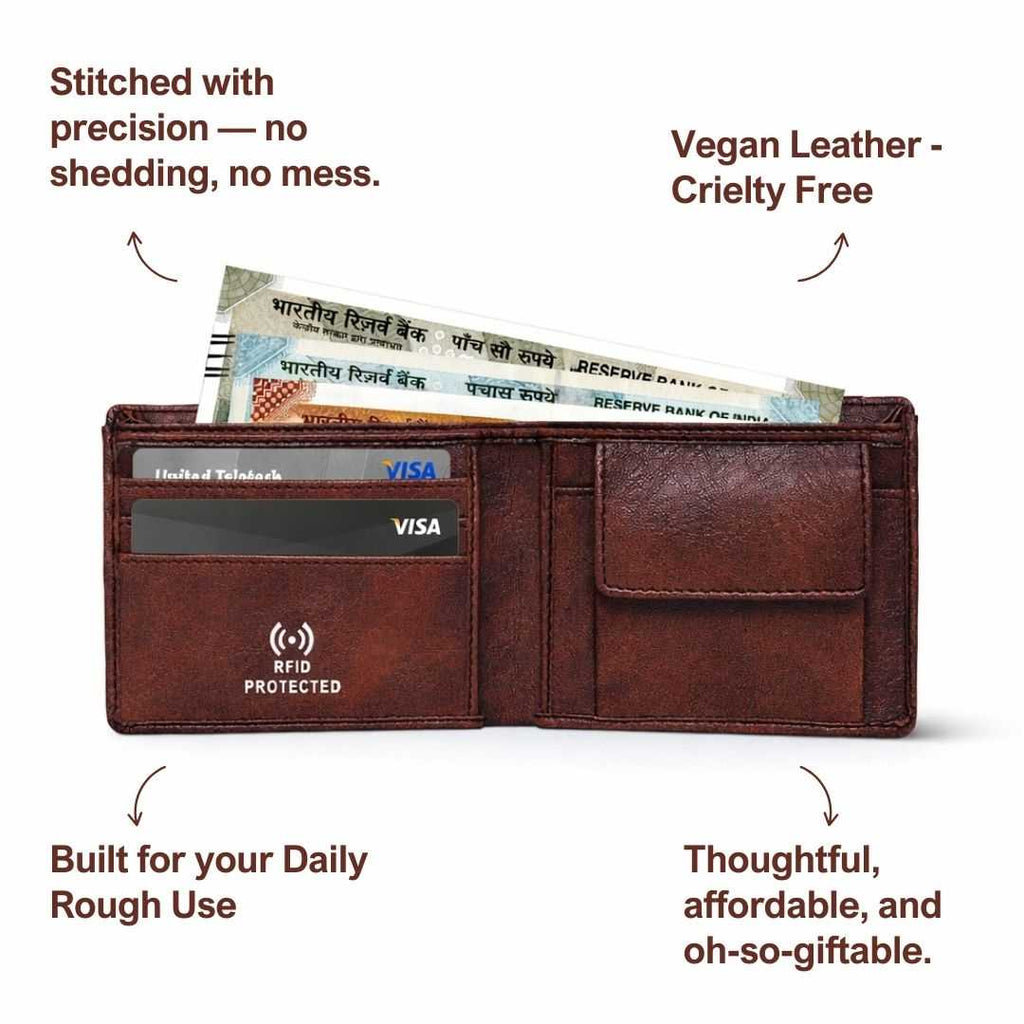 Personalized RFID Protected Vegan Leather Coin Pocket Wallet - Brown