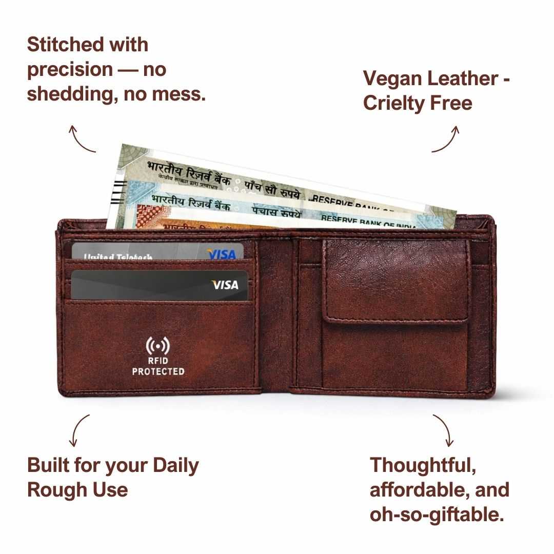 Personalized RFID Protected Vegan Leather Coin Pocket Wallet - Brown