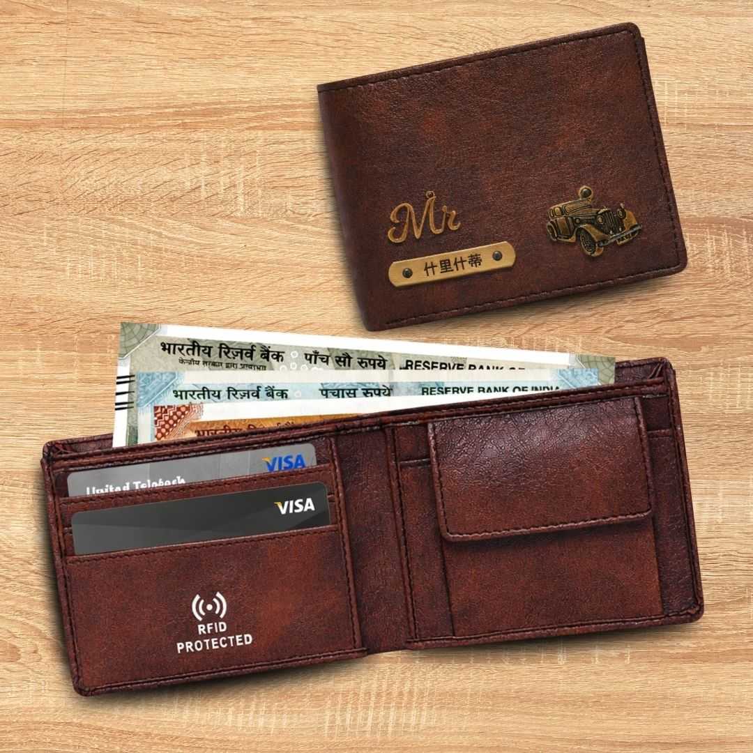 Personalized RFID Protected Vegan Leather Coin Pocket Wallet - Brown