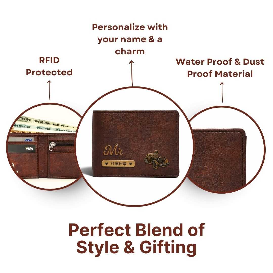 Personalized RFID Protected Chain Wallet with Card Holder - Brown