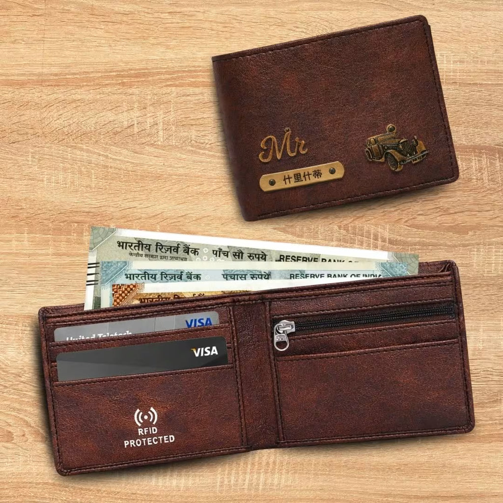 Personalized RFID Protected Chain Wallet with Card Holder - Brown