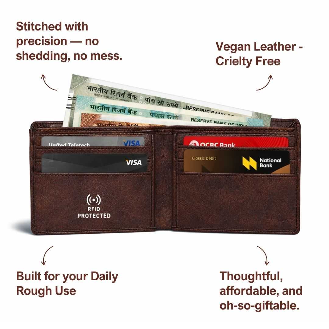 Personalized RFID Protected Vegan Leather for Men Wallet - Brown