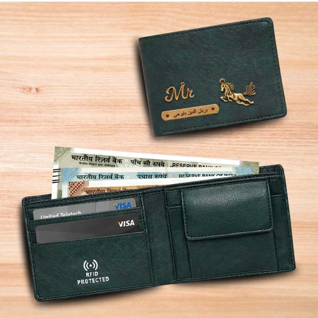 Personalized RFID Protected Vegan Leather Coin Pocket Wallet - Forest Green