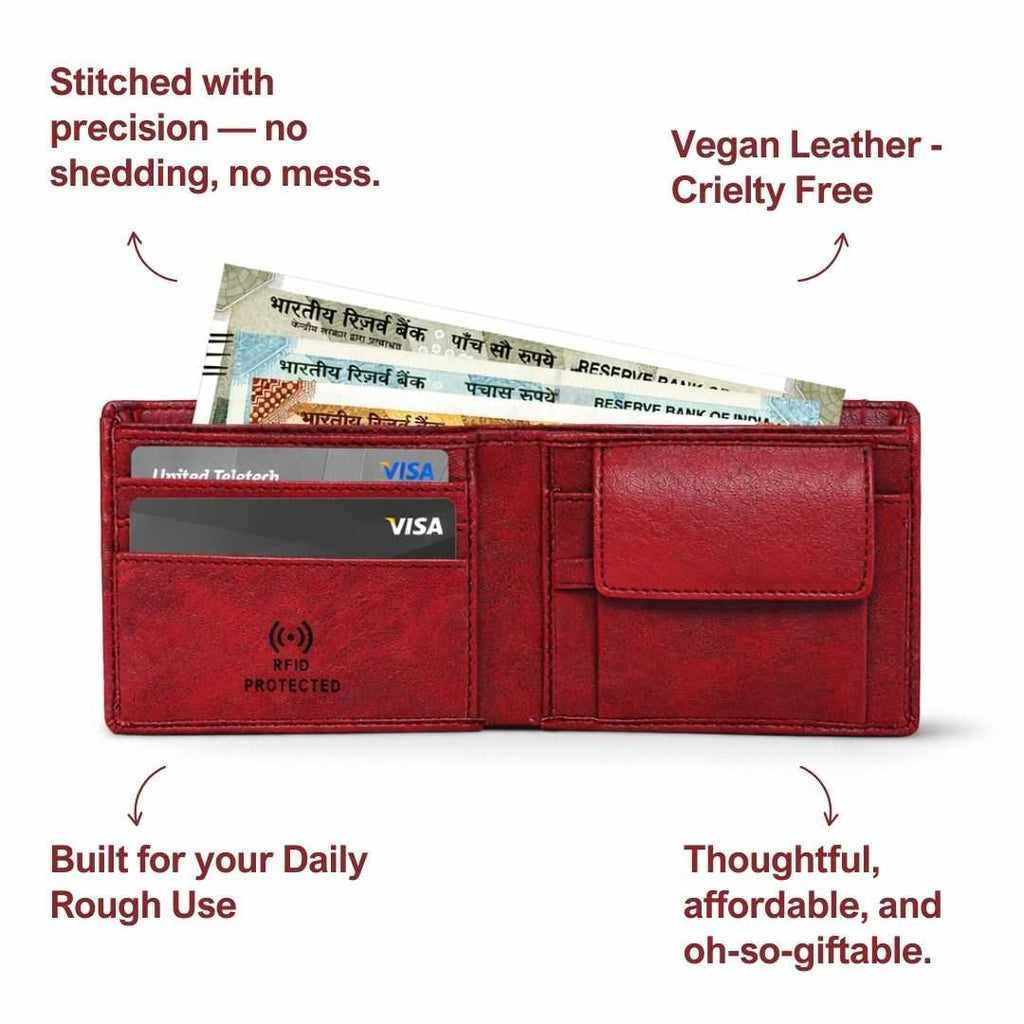 Personalized RFID Protected Vegan Leather Coin Pocket Wallet - Maroon