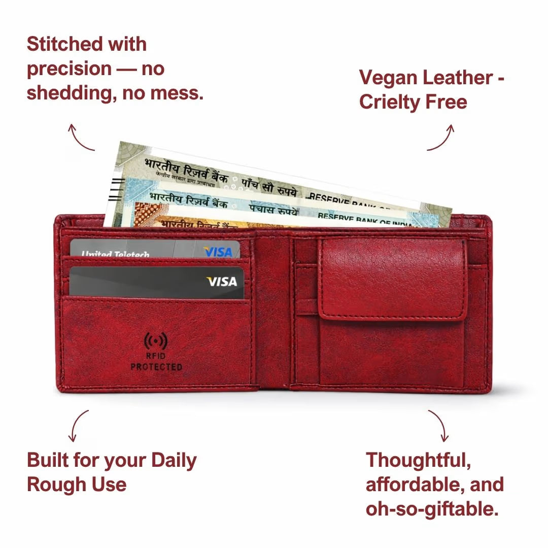 Personalized RFID Protected Vegan Leather Coin Pocket Wallet - Maroon